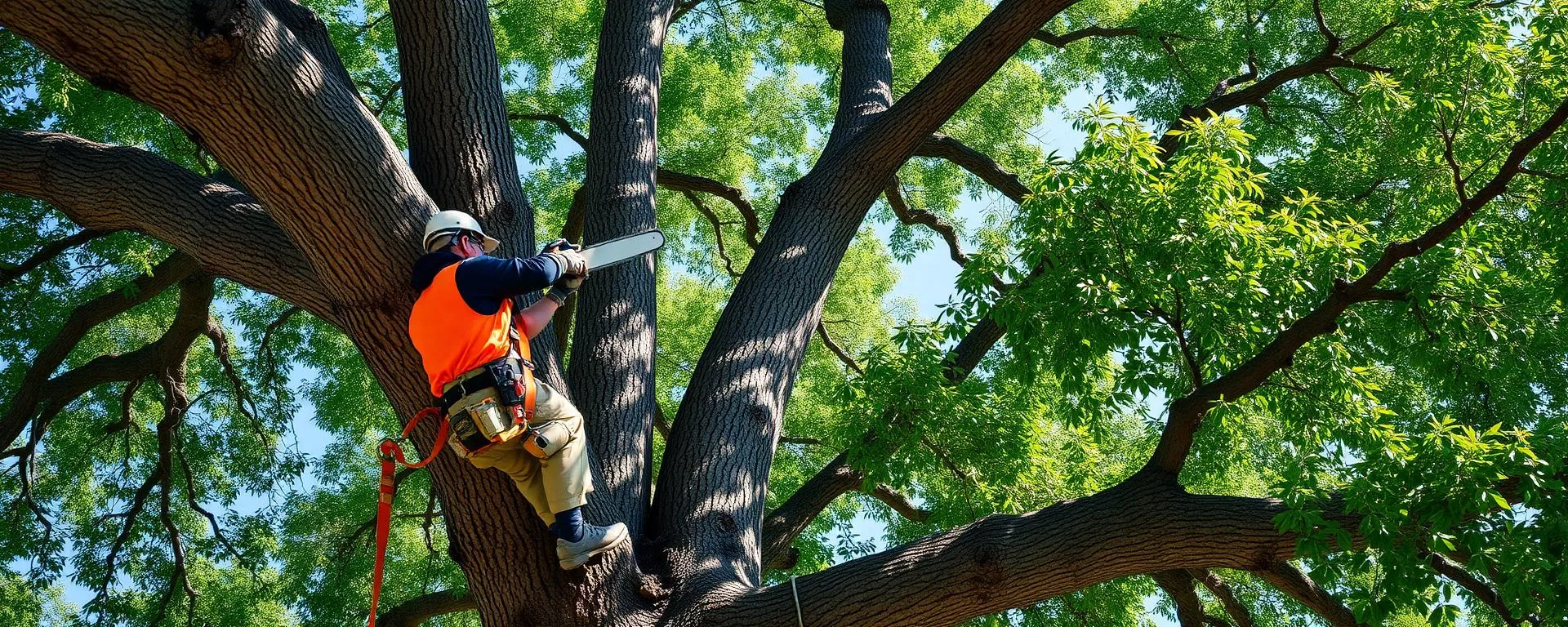 Professional arborist trimming a large oak tree in Texas