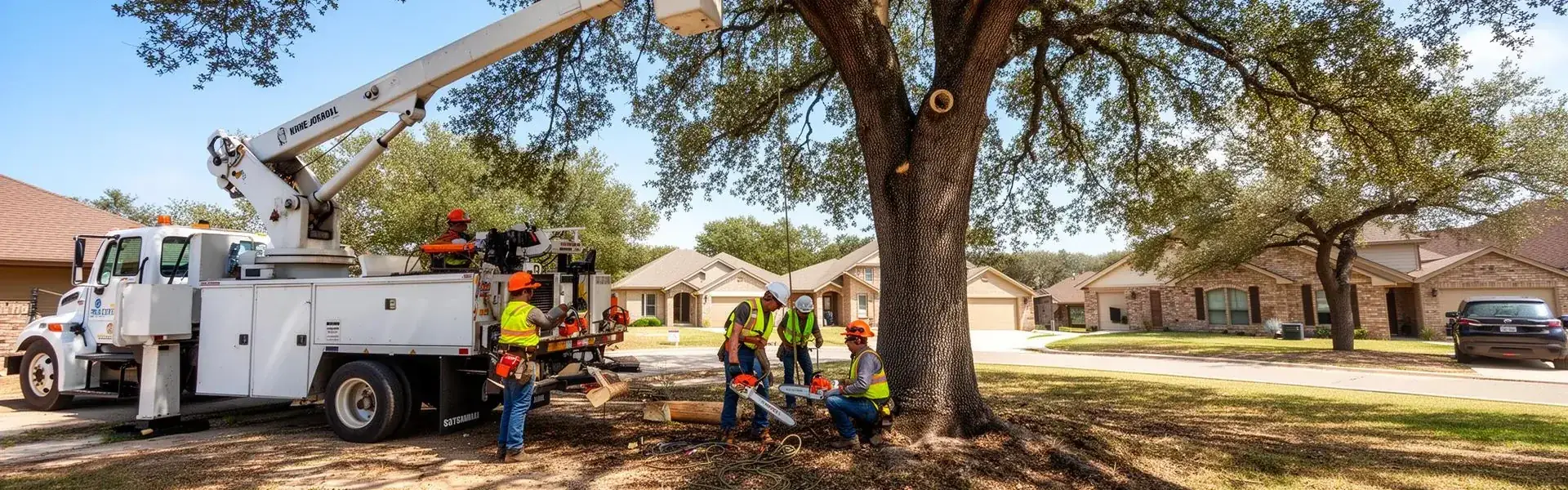 Evergreen Tree Service crew in hard hats and hi-vis vests removing a large oak tree with a bucket truck in a Houston-area neighborhood