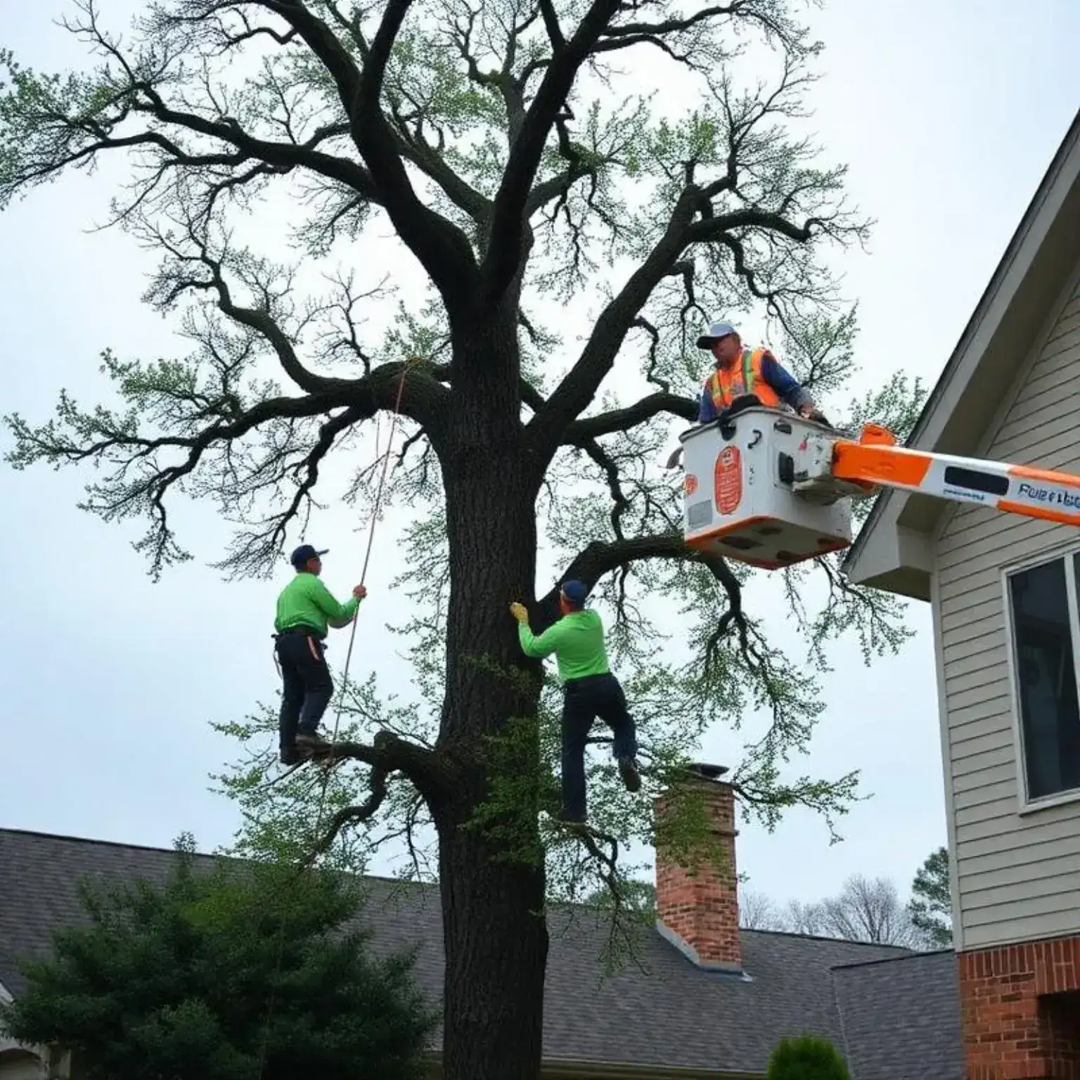 Crew safely removing a hazardous leaning tree near a home in southeast Houston TX