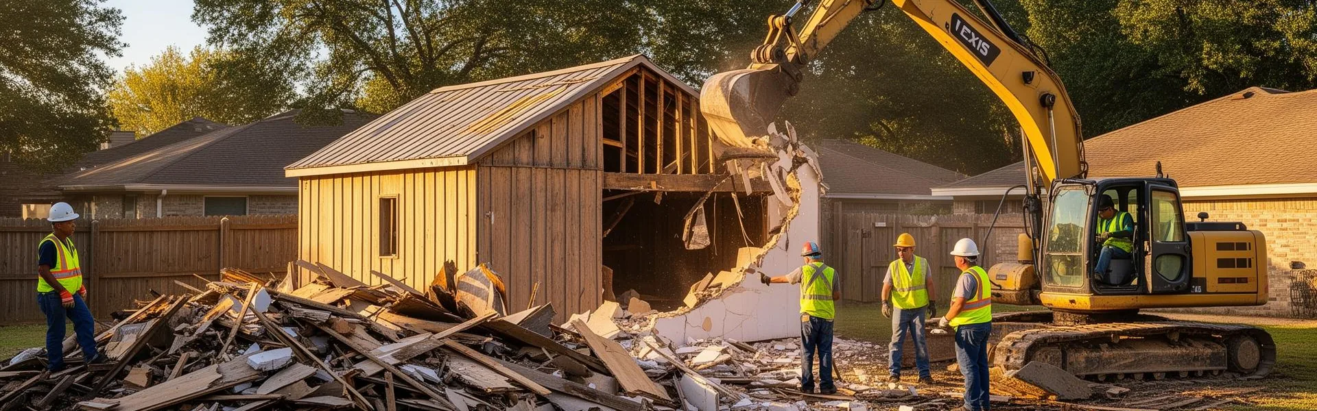 Excavator tearing down a wooden barn while a crew in safety vests looks on
