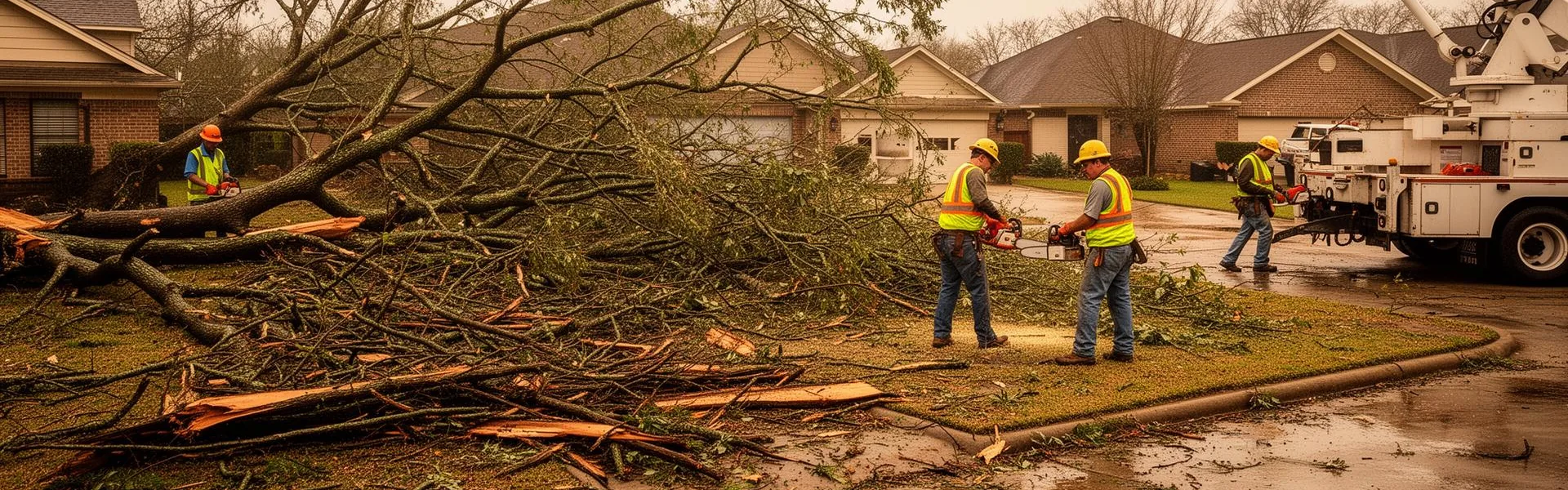 Cleanup crew clearing broken limbs and storm-downed tree debris from a residential street
