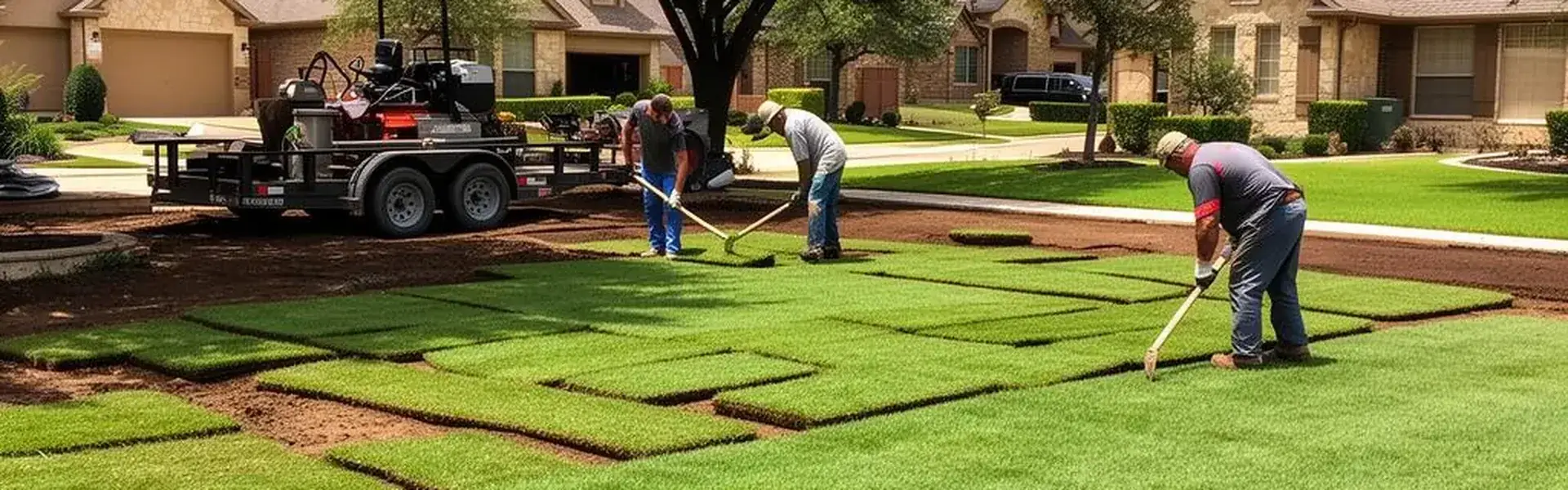 Landscaping crew laying fresh sod squares across a front yard after tree work