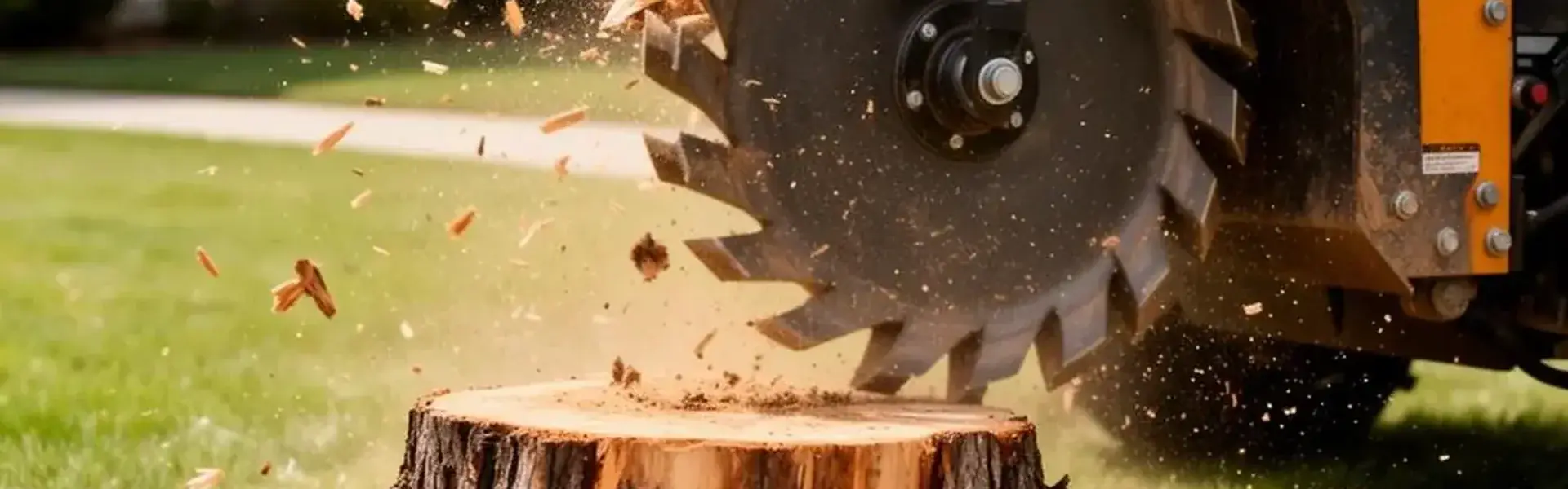 Stump grinder blade chewing into a tree stump, throwing wood chips across the lawn