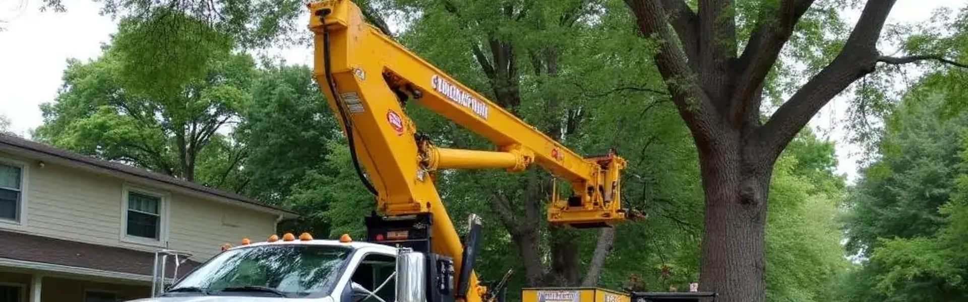 Crane-equipped tree service truck parked beneath a tall shade tree at a residential job site